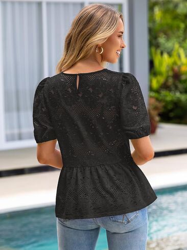 Simplee Womens Summer Lace Tops Boho Hollow Out Crochet Cute Ruffle Peplum Top Western Babydoll Blouses Shirts Beach Vacation in Kuwait