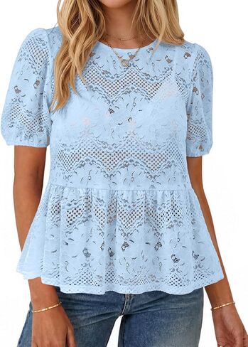 Simplee Womens Summer Lace Tops Boho Hollow Out Crochet Cute Ruffle Peplum Top Western Babydoll Blouses Shirts Beach Vacation in Kuwait