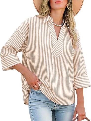 Watashi Women Striped Print Dressy Shirts Casual Oversize Henley Shirt 3/4 Sleeve Collared Office Work Blouse Tops in Saudi Arabia