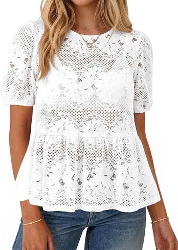 Simplee Womens Summer Lace Tops Boho Hollow Out Crochet Cute Ruffle Peplum Top Western Babydoll Blouses Shirts Beach Vacation in Kuwait