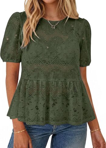 Simplee Womens Summer Lace Tops Boho Hollow Out Crochet Cute Ruffle Peplum Top Western Babydoll Blouses Shirts Beach Vacation in Kuwait