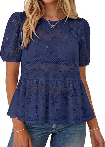 Simplee Womens Summer Lace Tops Boho Hollow Out Crochet Cute Ruffle Peplum Top Western Babydoll Blouses Shirts Beach Vacation in Kuwait