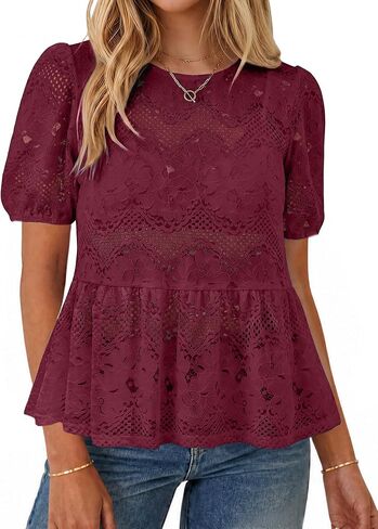 Simplee Womens Summer Lace Tops Boho Hollow Out Crochet Cute Ruffle Peplum Top Western Babydoll Blouses Shirts Beach Vacation in Kuwait
