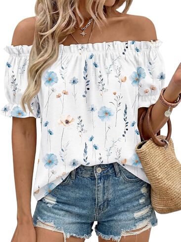 LILLUSORY Women Summer Off the Shoulder Flowy Top Short Puff Sleeve Dressy Casual Blouse 2026 Cute Vacation Resort Boho Shirt in Kuwait