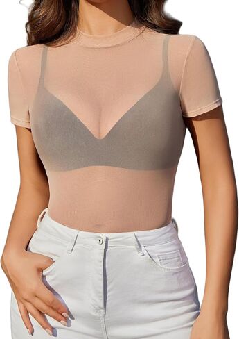 Avidlove Mesh Top Women Short Sleeve See Through Shirt Bodycon Sheer Blouse Clubwear Going Out XS-XXL in Saudi Arabia
