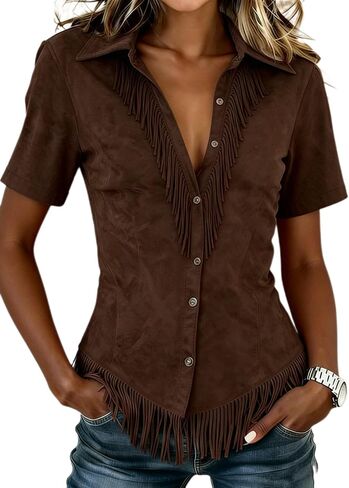 Chvity Women's Western Cowgirl Suede Shirts Vintage Short Sleeve Button Down Slim Fit Fringe Tops Blouse in Kuwait
