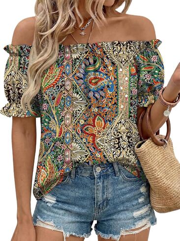 LILLUSORY Women Summer Off the Shoulder Flowy Top Short Puff Sleeve Dressy Casual Blouse 2026 Cute Vacation Resort Boho Shirt in Kuwait