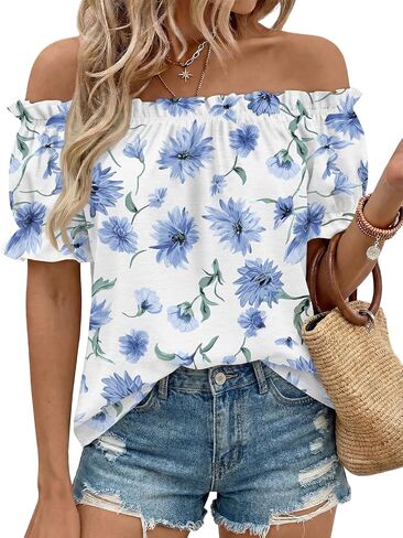 LILLUSORY Women Summer Off the Shoulder Flowy Top Short Puff Sleeve Dressy Casual Blouse 2026 Cute Vacation Resort Boho Shirt in Kuwait