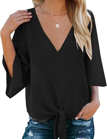 Bluetime Womens Tie Front Tops 3/4 Bell Sleeve V Neck Cute Summer Tops Shirts Casual Chiffon Blouses in Kuwait