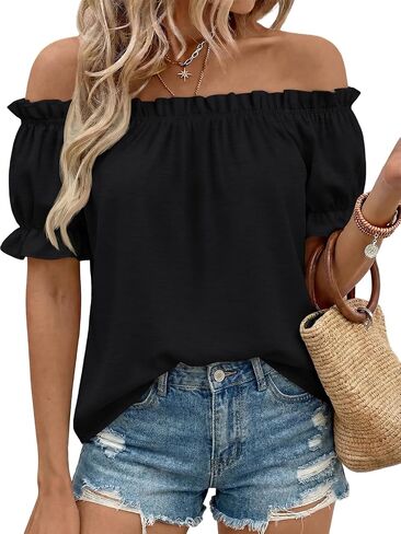 LILLUSORY Women Summer Off the Shoulder Flowy Top Short Puff Sleeve Dressy Casual Blouse 2026 Cute Vacation Resort Boho Shirt in Kuwait