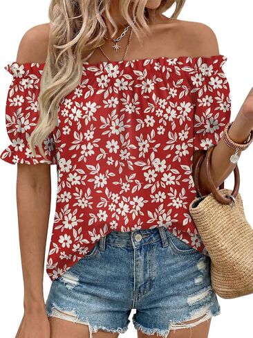 LILLUSORY Women Summer Off the Shoulder Flowy Top Short Puff Sleeve Dressy Casual Blouse 2026 Cute Vacation Resort Boho Shirt in Kuwait