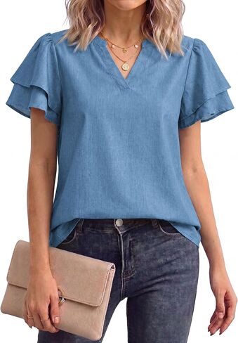 Denim Shirt Women Ruffle Sleeve V Neck Denim Top, Flutter Jean Shirt for Daily Office in Saudi Arabia