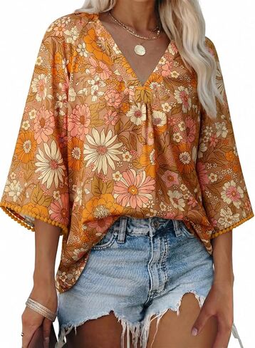EVALESS Summer Boho Tops for Women 2026 Trendy 3/4 Length Sleeve Womens Tops Flowy Floral Print V Neck Bohemian Blouses in Kuwait