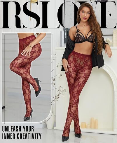 RSLOVE Lace Tights for Women - Floral Pattern Pantyhose Sheer Stockings with Stretch High Waist Design Clubwear Outfit in Kuwait