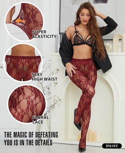 RSLOVE Lace Tights for Women - Floral Pattern Pantyhose Sheer Stockings with Stretch High Waist Design Clubwear Outfit in Kuwait