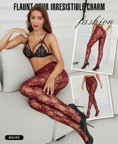 RSLOVE Lace Tights for Women - Floral Pattern Pantyhose Sheer Stockings with Stretch High Waist Design Clubwear Outfit in Kuwait