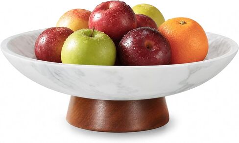 Marble Decorative Bowl, 11" Large Centerpiece for Table, Fruit Bowl for Kitchen Counter, Coffee Table or Entryway Decor, Natural Marble with Wood Base, Unique Home Gift - Green in Saudi Arabia