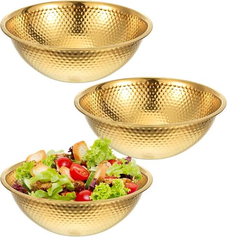 3 Pack Gold Hammered Stainless Steel Salad Bowls 13.4 Inches Round Mixing Bowls Decorative Metal Dish for Fruit Soup Snacks Dessert Kitchen Baking Kitchen Mixing Serving Storage Party Supplies in Saudi Arabia