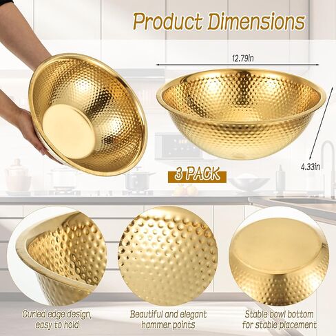 3 Pack Gold Hammered Stainless Steel Salad Bowls 13.4 Inches Round Mixing Bowls Decorative Metal Dish for Fruit Soup Snacks Dessert Kitchen Baking Kitchen Mixing Serving Storage Party Supplies in Saudi Arabia