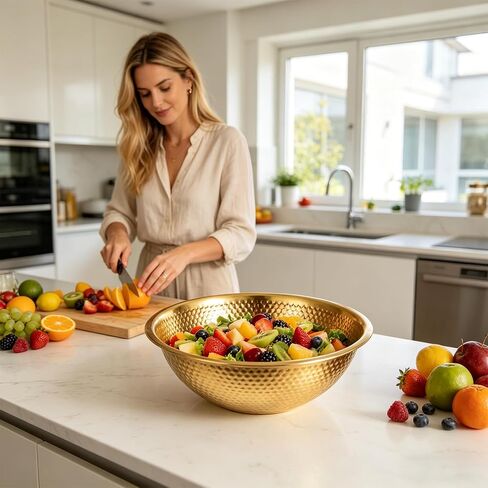 3 Pack Gold Hammered Stainless Steel Salad Bowls 13.4 Inches Round Mixing Bowls Decorative Metal Dish for Fruit Soup Snacks Dessert Kitchen Baking Kitchen Mixing Serving Storage Party Supplies in Saudi Arabia