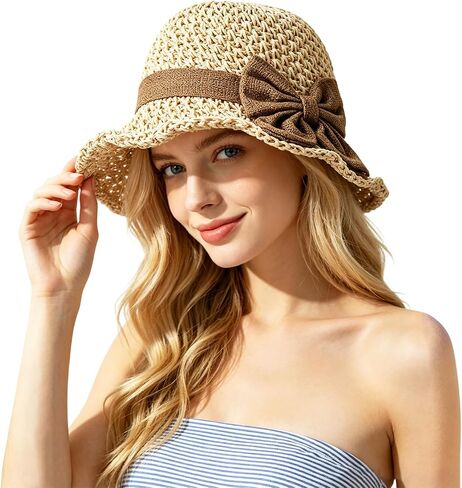 Elegant Woven Straw Sun Hat with Bow, 2026 Summer Beach Sun Straw Hats for Women, French Style Foldable Beach Hat, Wide Brim Summer Sunhat in Saudi Arabia