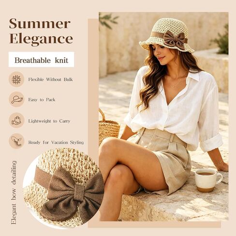 Elegant Woven Straw Sun Hat with Bow, 2026 Summer Beach Sun Straw Hats for Women, French Style Foldable Beach Hat, Wide Brim Summer Sunhat in Saudi Arabia