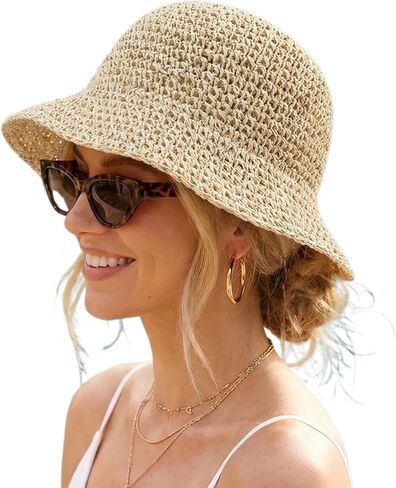 Women Straw Sun Hat Packable Foldable Floppy Wide Brim Beach Bucket Hat UV Protection Travel Vacation Accessories in Kuwait
