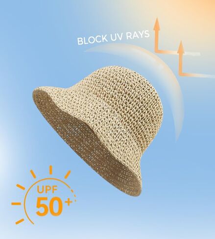 Women Straw Sun Hat Packable Foldable Floppy Wide Brim Beach Bucket Hat UV Protection Travel Vacation Accessories in Kuwait