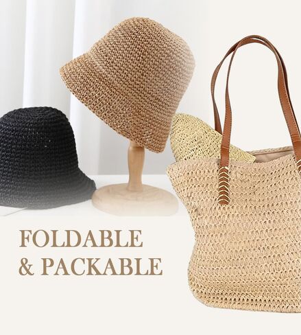 Women Straw Sun Hat Packable Foldable Floppy Wide Brim Beach Bucket Hat UV Protection Travel Vacation Accessories in Kuwait