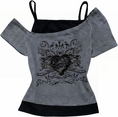 SOLY HUX Girl's Y2k Vintage Graphic Tees Cold Shoulder Short Sleeve T Shirts 2 in 1 Summer Tops in Kuwait