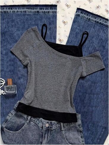 SOLY HUX Girl's Y2k Vintage Graphic Tees Cold Shoulder Short Sleeve T Shirts 2 in 1 Summer Tops in Kuwait