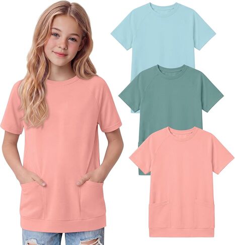 Oakgarden 3 Pack Girls' Short Sleeve T-Shirts with Pockets 5-14 Years Raglan Tunic Tops Crewneck Loose Casual Summer Tees in Kuwait