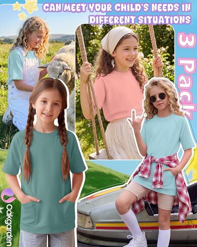 Oakgarden 3 Pack Girls' Short Sleeve T-Shirts with Pockets 5-14 Years Raglan Tunic Tops Crewneck Loose Casual Summer Tees in Kuwait