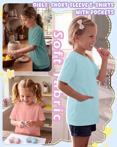 Oakgarden 3 Pack Girls' Short Sleeve T-Shirts with Pockets 5-14 Years Raglan Tunic Tops Crewneck Loose Casual Summer Tees in Kuwait