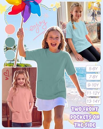 Oakgarden 3 Pack Girls' Short Sleeve T-Shirts with Pockets 5-14 Years Raglan Tunic Tops Crewneck Loose Casual Summer Tees in Kuwait