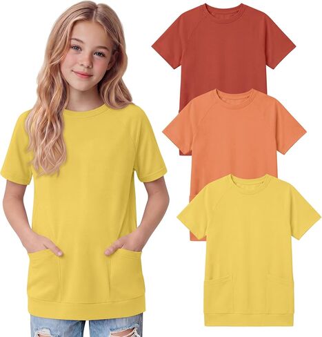Oakgarden 3 Pack Girls' Short Sleeve T-Shirts with Pockets 5-14 Years Raglan Tunic Tops Crewneck Loose Casual Summer Tees in Kuwait