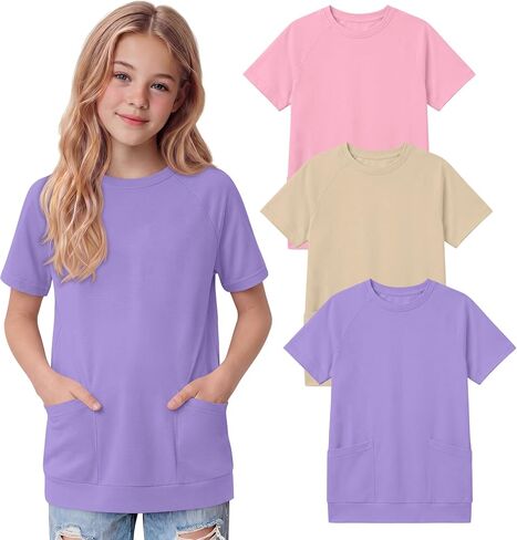 Oakgarden 3 Pack Girls' Short Sleeve T-Shirts with Pockets 5-14 Years Raglan Tunic Tops Crewneck Loose Casual Summer Tees in Kuwait