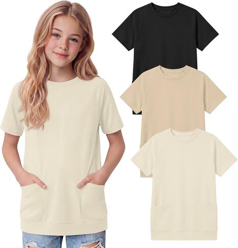 Oakgarden 3 Pack Girls' Short Sleeve T-Shirts with Pockets 5-14 Years Raglan Tunic Tops Crewneck Loose Casual Summer Tees in Kuwait