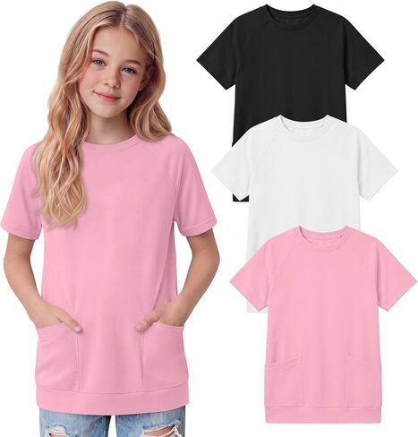 Oakgarden 3 Pack Girls' Short Sleeve T-Shirts with Pockets 5-14 Years Raglan Tunic Tops Crewneck Loose Casual Summer Tees in Kuwait