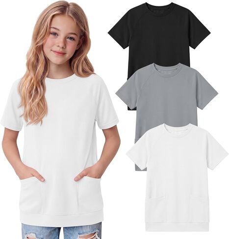 Oakgarden 3 Pack Girls' Short Sleeve T-Shirts with Pockets 5-14 Years Raglan Tunic Tops Crewneck Loose Casual Summer Tees in Kuwait