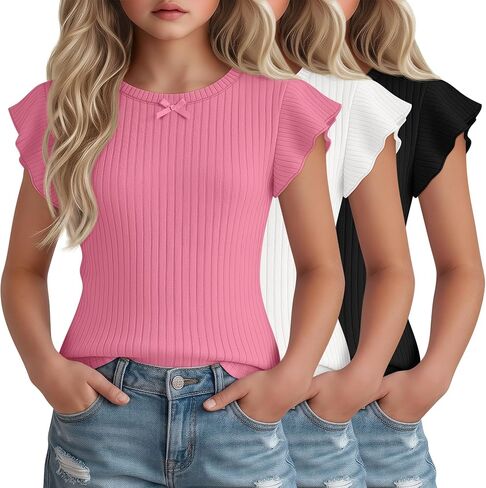 3 Pack Girl's Cotton T Shirts Ruffle Short Sleeve Ribbed Shirts Summer Knit Tops Crew Neck Blouses 5-14 Years in Kuwait