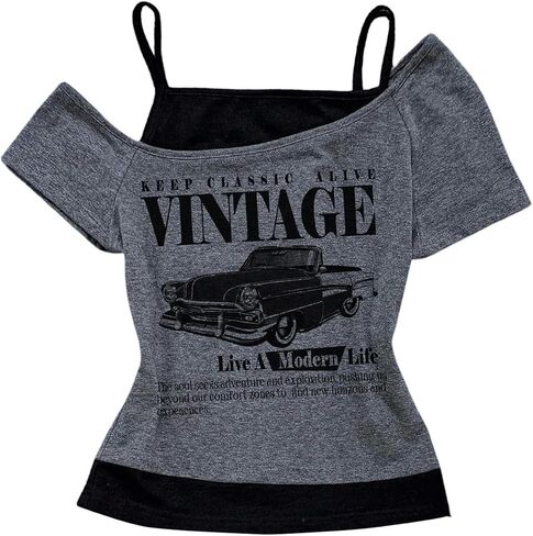 SOLY HUX Girl's Y2k Vintage Graphic Tees Cold Shoulder Short Sleeve T Shirts 2 in 1 Summer Tops in Kuwait