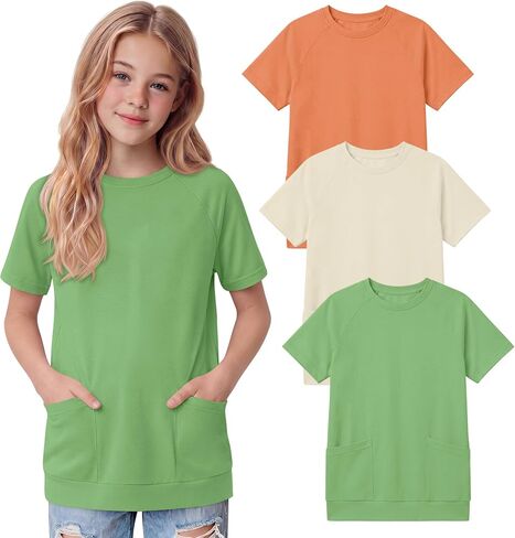 Oakgarden 3 Pack Girls' Short Sleeve T-Shirts with Pockets 5-14 Years Raglan Tunic Tops Crewneck Loose Casual Summer Tees in Kuwait