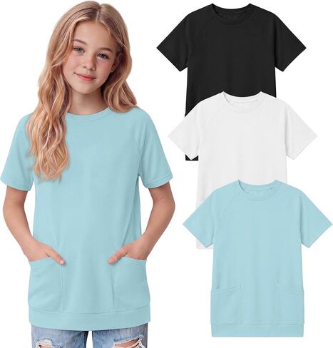 Oakgarden 3 Pack Girls' Short Sleeve T-Shirts with Pockets 5-14 Years Raglan Tunic Tops Crewneck Loose Casual Summer Tees in Kuwait