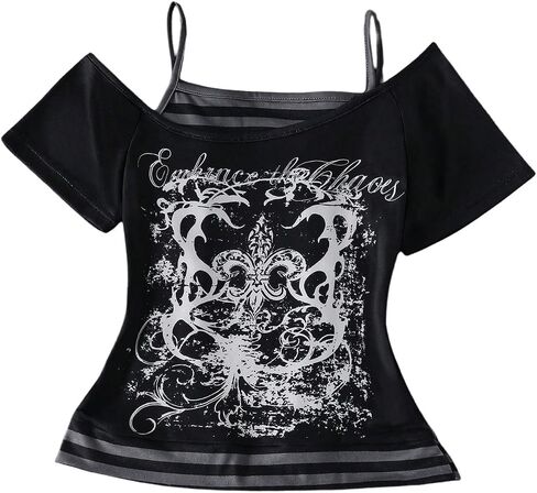 SOLY HUX Girl's Y2k Vintage Graphic Tees Cold Shoulder Short Sleeve T Shirts 2 in 1 Summer Tops in Kuwait