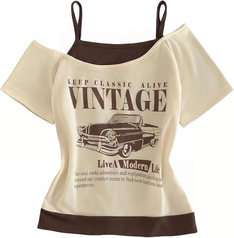 SOLY HUX Girl's Y2k Vintage Graphic Tees Cold Shoulder Short Sleeve T Shirts 2 in 1 Summer Tops in Kuwait