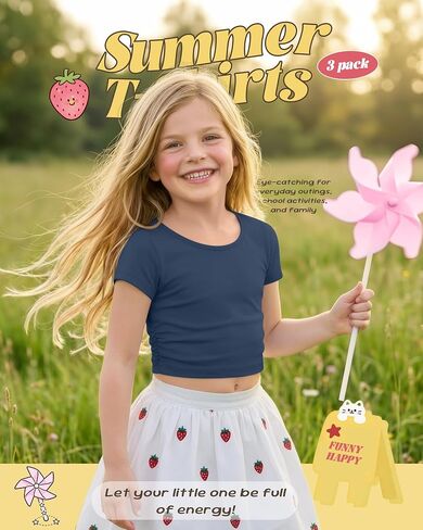 3 Pack Girls Fitted Crop Tops Kids Short Sleeve Round Neck T Shirts Cute Summer Ruched Basic Tee 5-16 Years in Kuwait