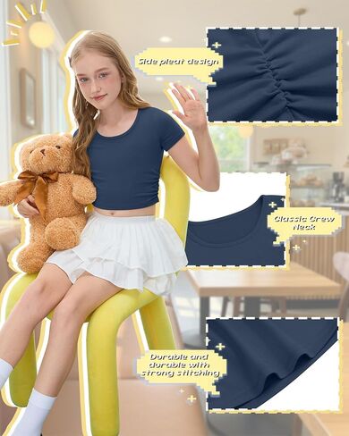 3 Pack Girls Fitted Crop Tops Kids Short Sleeve Round Neck T Shirts Cute Summer Ruched Basic Tee 5-16 Years in Kuwait
