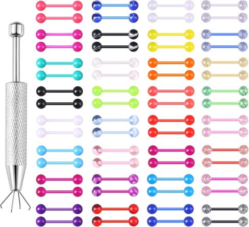 64Pcs 14G Glow in Dark Tongue Barbell Nipple Ring Retainer Flexible Acrylic Straight Tongue Rings Piercing Jewelry for Women Men 14mm Bar in Kuwait