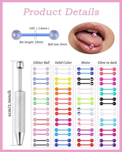 64Pcs 14G Glow in Dark Tongue Barbell Nipple Ring Retainer Flexible Acrylic Straight Tongue Rings Piercing Jewelry for Women Men 14mm Bar in Kuwait